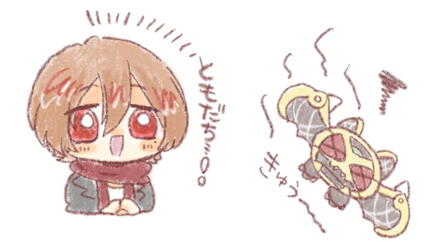 1boy :d bat_(animal) black_jacket brown_hair chibi chibi_only highres jacket kamen_rider kamen_rider_kiva_(series) kivat-bat_iii kkfri11 kurenai_wataru open_mouth red_eyes red_scarf scarf shirt sketch smile white_background white_shirt