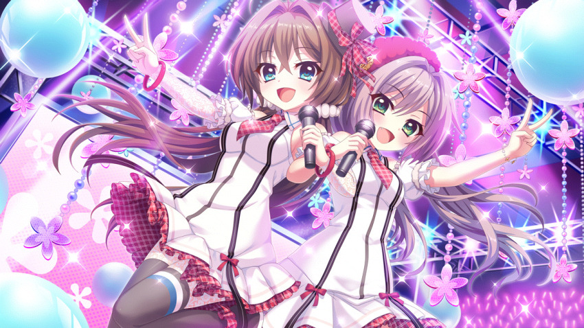 2girls :d ahoge alternate_hairstyle audience bead_bracelet beads beret black_hat black_thighhighs blue_eyes bracelet breasts brown_hair concert cosplay detached_sleeves dot_nose dress duet fang film_grain game_cg glowstick green_eyes hair_down hair_intakes hair_ornament hair_scrunchie hat hat_ribbon holding holding_microphone idol idol_clothes indoors itsumura_haruka itsumura_haruka_(cosplay) itsumura_yukari itsumura_yukari_(cosplay) izumi_tsubasu jewelry lace lace_pantyhose lace_sleeves long_hair low_twintails matching_outfits microphone mini_hat mini_top_hat misaki_sango multiple_girls necktie non-web_source official_art open_mouth outstretched_arm plaid_clothes plaid_necktie plaid_ribbon plaid_skirt purple_hair re:stage! red_hat red_necktie red_ribbon red_skirt ribbon screen scrunchie shikimiya_aone short_dress short_necktie short_sleeves skirt sleeveless sleeveless_dress small_breasts smile sparkle stage_lights standing standing_on_one_leg swept_bangs thighhighs top_hat twintails two-sided_fabric two-sided_skirt v white_dress white_scrunchie white_skirt white_sleeves