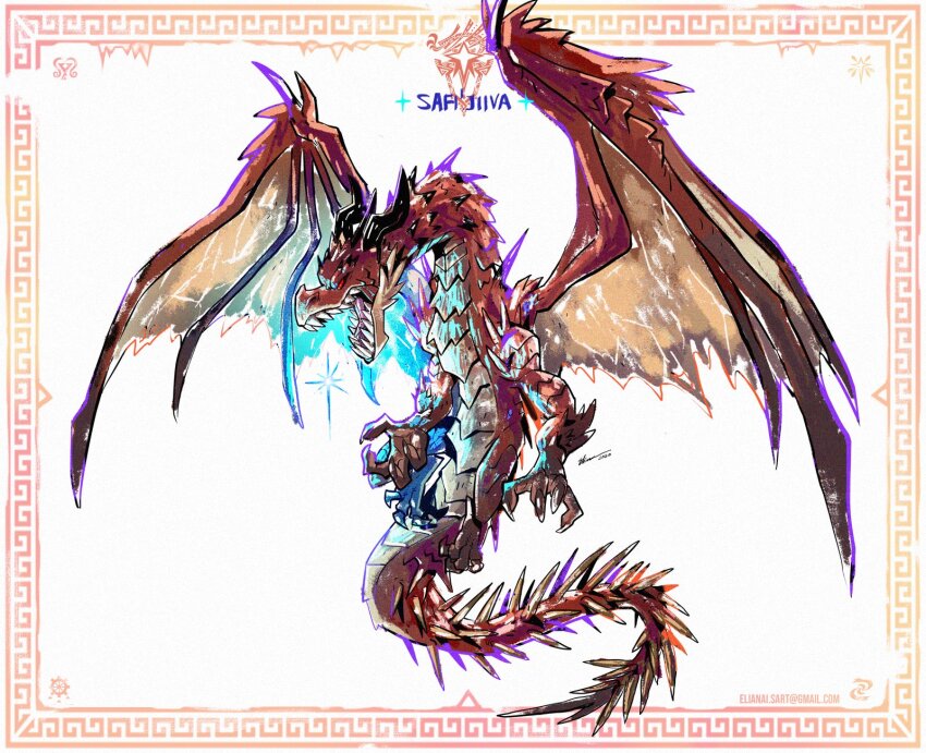 border character_name dated dragon dragon_wings eliz0r email_address flying highres monster monster_hunter:_world monster_hunter_(series) monster_hunter_world:_iceborne no_humans safi&#039;jiiva signature simple_background wings