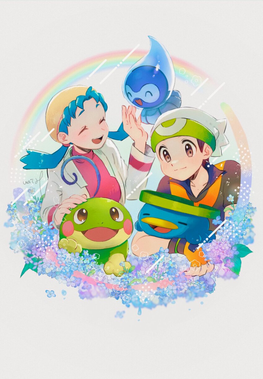1boy 1girl beanie brendan_(pokemon) brown_eyes brown_hair castform castform_(rainy) closed_mouth collared_shirt commentary fingerless_gloves gen_2_pokemon gen_3_pokemon gloves hanenbo hat highres jacket kris_(pokemon) long_sleeves lotad nintendo open_clothes open_jacket orange_gloves pink_shirt pokemon pokemon_(creature) pokemon_emerald pokemon_gsc pokemon_rse politoed rain rainbow shirt short_hair smile symbol-only_commentary twintails white_headwear yellow_headwear