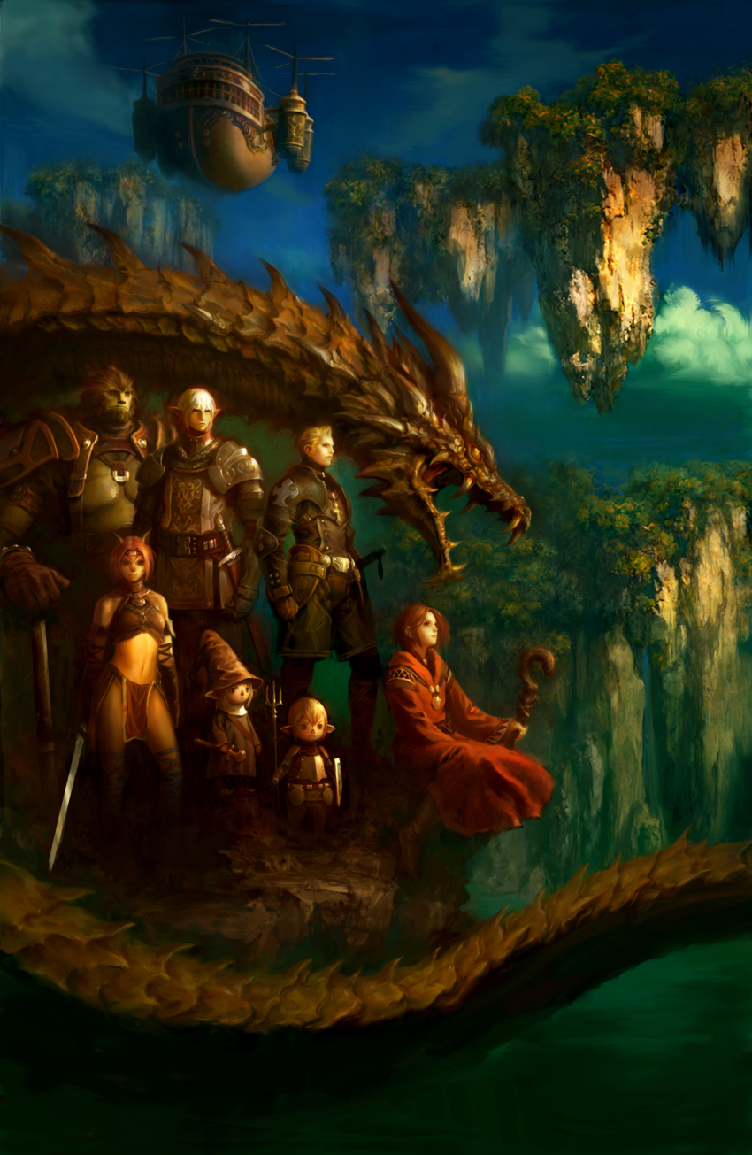 3girls 4boys adventurer_(ff11) aiba_ryosuke aircraft airship animal_ears armor bare_shoulders black_hair blonde_hair blue_sky boots breastplate breasts brown_boots brown_gloves brown_hair brown_hat cat_ears closed_mouth cloud colored_skin commentary day double-parted_bangs dragon elf elvaan fantasy final_fantasy final_fantasy_xi floating_island galka gauntlets gloves green_skin hat highres holding holding_polearm holding_shield holding_staff holding_sword holding_weapon hume loincloth long_sleeves medium_breasts mithra_(ff11) multiple_boys multiple_girls navel official_art outdoors pointy_ears polearm red_hair red_robe robe second-party_source shield short_hair shoulder_armor sitting sky staff standing surcoat sword tarutaru trident weapon white_hair witch_hat