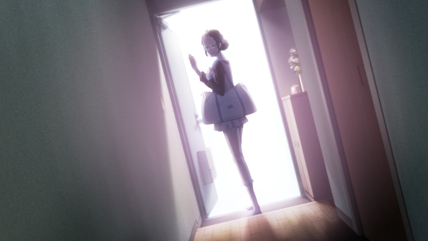 1girl bag breasts brown_hair doorway dress dutch_angle flower fukuda_tomonori furugoori_minami game_cg glasses hair_bun handbag highres holding_strap long_sleeves looking_at_viewer looking_back mature_female non-web_source official_art pants pants_under_skirt parted_lips pinafore_dress plant pleated_skirt potted_plant red_lips robotics;notes round_eyewear shirt sidelocks skirt sleeveless sleeveless_dress small_breasts smile solo teeth waving white_pants white_shirt wooden_floor