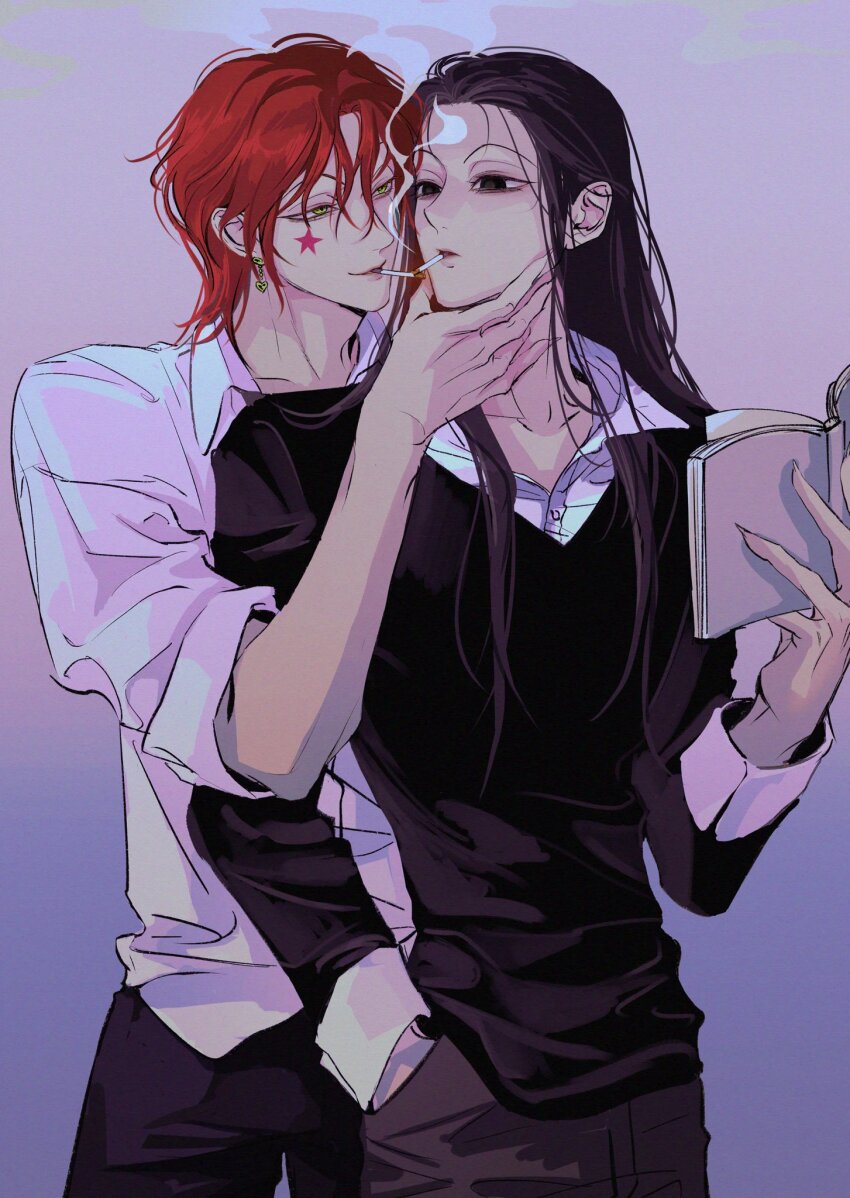 2boys black_eyes black_hair black_pants black_sweater book cigarette_kiss couple earrings facepaint grabbing_another&#039;s_chin hand_in_pocket hand_on_another&#039;s_chin highres hisoka_morow holding holding_book hunter_x_hunter illumi_zoldyck jewelry jz88 long_hair multiple_boys pants red_hair shirt smile smoke smoking sweater white_shirt yaoi yellow_eyes