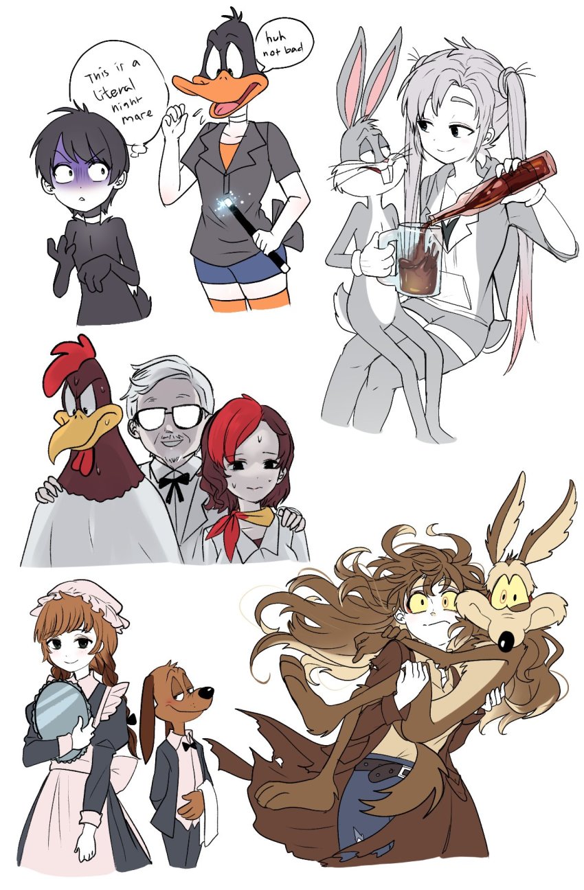 5girls 6+boys animal_ears beak beer_mug beige_hair beige_shirt belt bird black_hair blue_pants blue_shorts bottle bow bowtie braid breasts brown_coat brown_hair bugs_bunny rabbit butler carrying character_request chicken closed_mouth coat collared_shirt colonel_sanders colored_sclera cosplay coyote crazy_eyes cropped_legs cropped_legs cropped_torso cup daffy_duck dog dual_persona duck english_text eye_contact facial_hair facing_viewer foghorn_leghorn genderswap genderswap_(mtf) glasses gloom_(expression) gloves goatee gradient_hair grey_hair hand_on_another&#039;s_shoulder hat head_swap highres himuhino humanization kfc legs_together long_hair looking_at_another looking_at_viewer looney_tunes maid mob_cap mug multicolored_hair multiple_boys multiple_girls mustache old old_man opaque_glasses orange_legwear pale_skin pants pouring princess_carry rabbit_ears real_life red_hair rooster scared shaded_face shirt short_hair shorts simple_background sitting sitting_on_lap sitting_on_person small_breasts smile speech_bubble standing streaked_hair sweat sweatdrop nervous_sweating tagme thighhighs thought_bubble torn_clothes torn_coat torn_pants tray twin_braids twintails two-tone_hair wand white_background white_gloves white_shirt wile_e_coyote yellow_eyes yellow_sclera