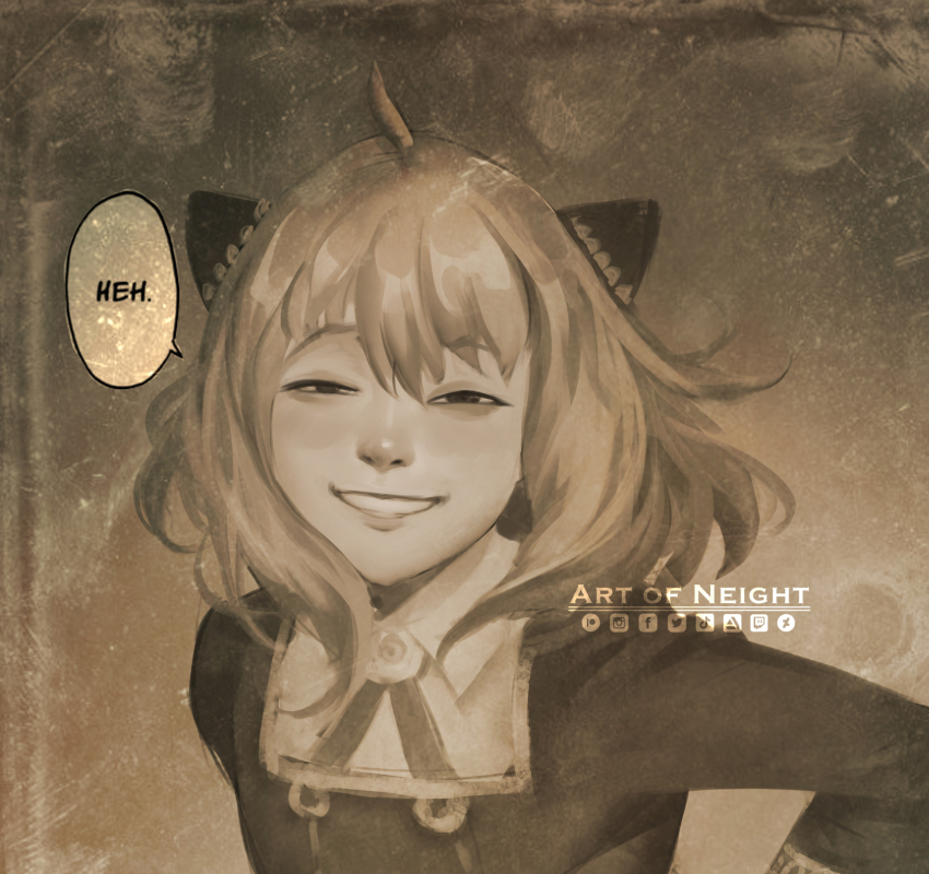 1girl absurdres ahoge anya&#039;s_heh_face_(meme) anya_(spy_x_family) art_of_neight child eden_academy_school_uniform greyscale grin half-closed_eyes highres horn_ornament horns medium_hair meme monochrome school_uniform sepia smile solo spy_x_family twitter_logo upper_body watermark