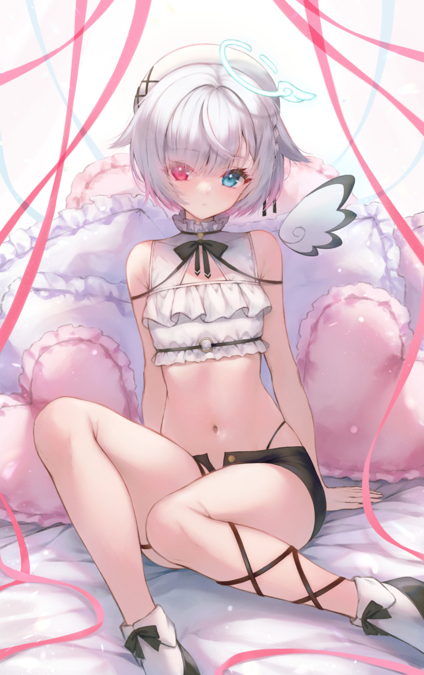 1girl absurdres amemiya_nazuna amemiya_nazuna_(1st_costume) angel angel_wings bare_shoulders black_bow black_bowtie black_shoes black_shorts blue_eyes bow bowtie braid breasts cleavage clothing_cutout crop_top detached_wings eyes_visible_through_hair feet_out_of_frame frilled_pillow frills halo hat heart heart-shaped_pillow heterochromia highres ijac_ray looking_at_viewer navel open_fly parted_lips pillow pink_eyes pink_ribbon ribbon shirt shoes short_hair short_shorts shorts single_wing sitting sleeveless sleeveless_shirt socks solo stomach thigh_strap virtual_youtuber vshojo white_hair white_hat white_shirt white_socks wings