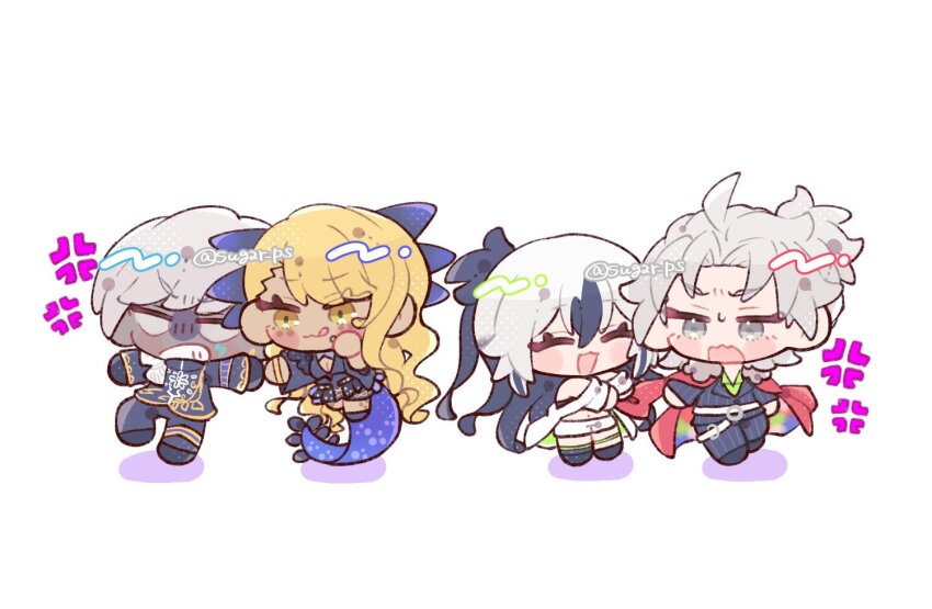 2boys 2girls :p anger_vein armor bare_shoulders black_dress black_hair black_pants black_shirt breasts chibi chibi_only cleavage closed_eyes coat colored_skin crop_top cropped_shirt dark-skinned_female dark_skin dragon_girl dragon_horns dress earrings facial_mark fate/grand_order fate_(series) formal_clothes fur-trimmed_coat fur_trim green_shirt grey_eyes grey_hair grey_skin hair_between_eyes half_updo horns ikura_(sugar_ps) indra_(fate) jacket jewelry lightning_bolt_facial_mark long_hair midriff multicolored_hair multiple_boys multiple_girls nagao_kagetora_(fate) navel open_mouth pants pauldrons ponytail shaded_face shirt short_hair shorts shoulder_armor simple_background single_pauldron sleeveless smile striped_clothes striped_jacket striped_suit suit sweatdrop swept_bangs tail takeda_shingen_(fate) teeth tongue tongue_out two-tone_hair uesugi_kenshin_(fate) uesugi_kenshin_(second_ascension)_(fate) v-shaped_eyebrows vritra_(second_ascension)_(fate) white_background white_hair white_jacket white_shorts yellow_eyes