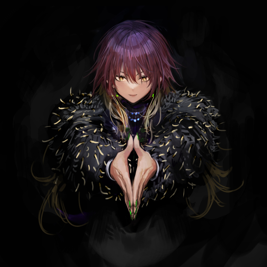 1girl aketa_mikoto black_background black_shirt black_sleeves blending blonde_hair chinese_commentary commentary_request cowboy_shot dark_background earrings fingernails fur_sleeves green_nails half-closed_eyes highres idolmaster idolmaster_shiny_colors infukun jewelry light_smile lips long_fingernails long_hair long_sleeves looking_at_viewer multicolored_hair necklace outstretched_arms purple_hair shirt simple_background solo straight-on turtleneck yellow_eyes