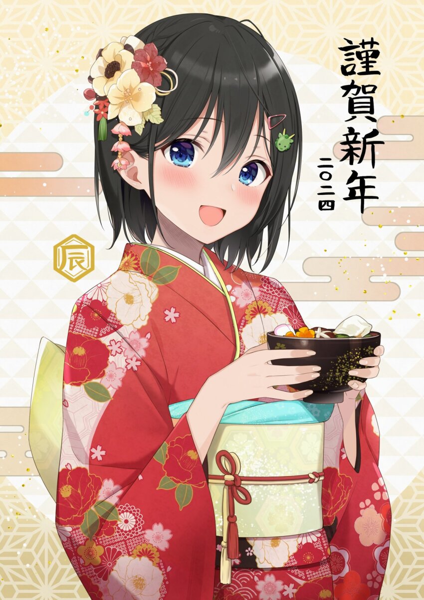 1girl azuki_yui back_bow blue_eyes bow bowl dragon_hair_ornament floral_print flower food hair_between_eyes hair_flower hair_ornament hairclip highres holding holding_bowl japanese_clothes kimono new_year obi obijime open_mouth original pink_flower red_flower red_kimono sash short_hair solo yellow_bow yellow_flower yellow_sash