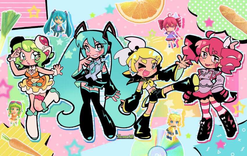 4girls ahoge black_sleeve_cuffs bow buttons double-breasted double-parted_bangs drill_hair grey_jacket grey_skirt gumi hair_between_eyes hair_bow hatsune_miku highres jacket kagamine_rin kasane_teto kasane_teto_(sv) looking_at_viewer multiple_girls musical_staff musical_staff_print nendoroid red_eyes red_hair red_trim ribbon shirt shoulder_belt shoulder_boards skirt sleeve_cuffs smile striped_clothes striped_jacket synthesizer_v twin_drills utau vocaloid white_bow white_ribbon yanana_ua