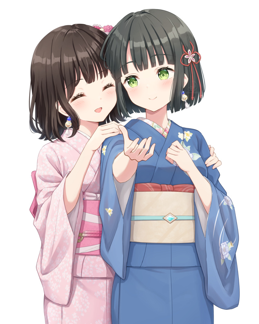 2girls :d ^_^ animification black_hair blue_kimono blunt_bangs blunt_ends blush bob_cut breasts brown_sash closed_eyes commentary_request cowboy_shot floral_print floral_print_kimono flower flower_knot flower_stand_art green_eyes hair_flower hair_ornament hanazora_satsuki hand_on_another&#039;s_arm hand_on_another&#039;s_shoulder highres japanese_clothes kimono link!_like!_love_live! long_sleeves love_live! medium_breasts momose_ginko momose_ginko_(summer_casual) multiple_girls obi obiage obijime official_alternate_costume open_mouth pink_flower pink_kimono pink_sash print_kimono real_life sakurai_hina sash short_hair simple_background smile standing three-quarter_sleeves virtual_youtuber voice_actor voice_actor_connection white_background
