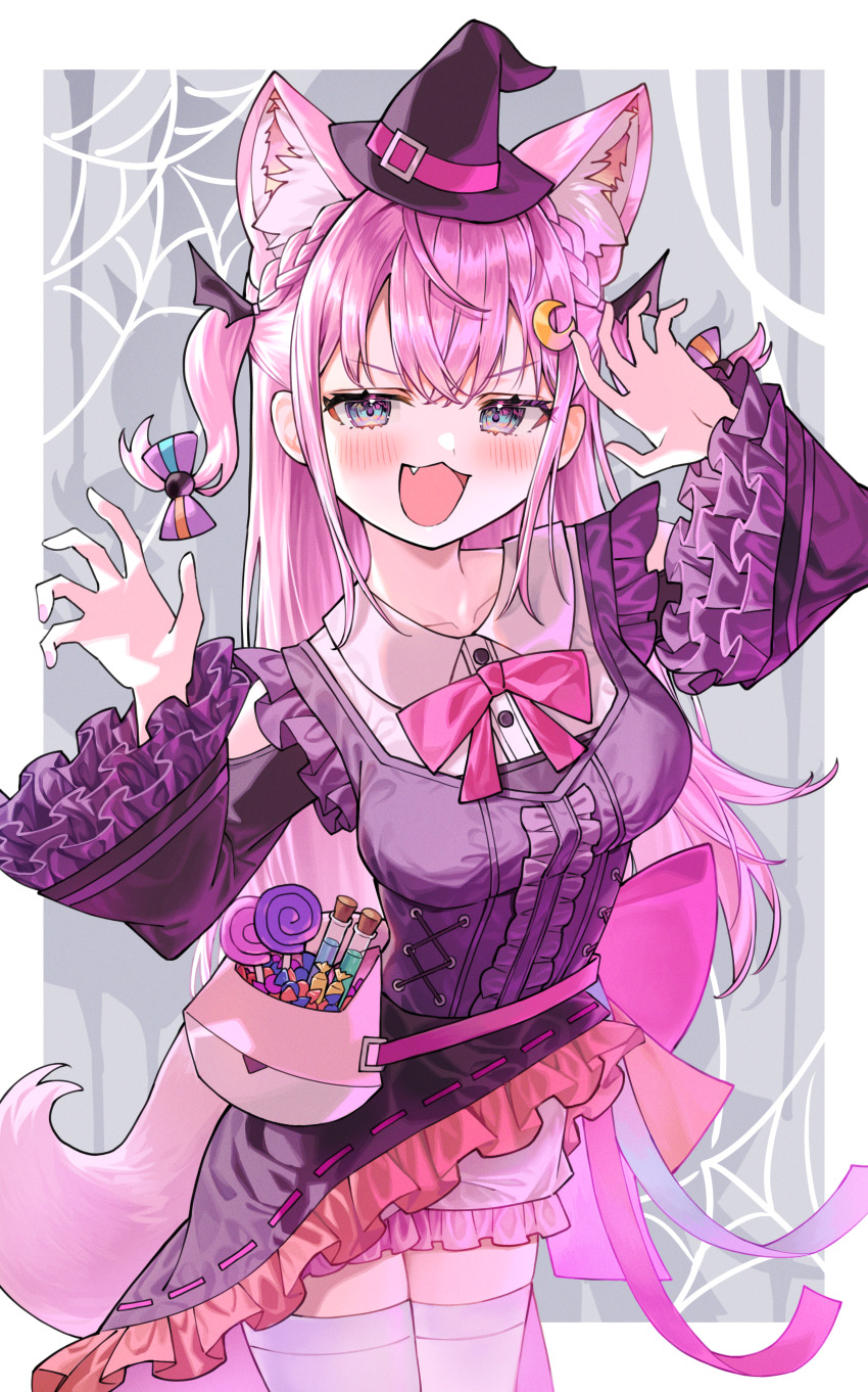1girl absurdres alternate_costume animal_ears blush border breasts candy commentary crescent crescent_hair_ornament dress fang food hair_ornament hakui_koyori halloween halloween_costume hat highres hinatan_(hinatan_krnk) hololive lollipop long_hair looking_at_viewer one_eye_closed open_mouth outside_border pink_hair purple_dress purple_eyes silk smile solo spider_web standing tail thighhighs very_long_hair vial virtual_youtuber white_border white_thighhighs witch_hat wolf_ears wolf_girl wolf_tail