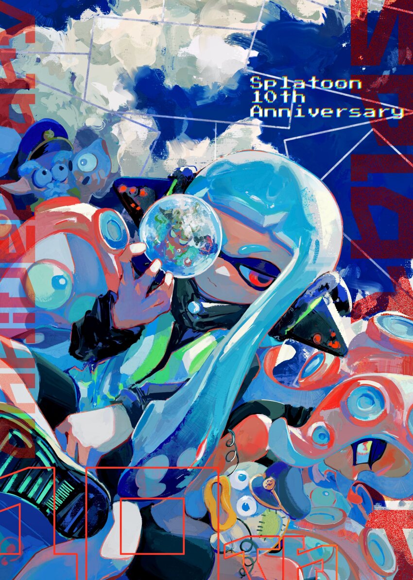 1boy 2girls absurdres agent_3_(splatoon) agent_8_(splatoon) anniversary beard behind-the-head_headphones black_jacket black_shoes black_shorts blue_hair blue_hat blunt_bangs cap&#039;n_cuttlefish cephalopod_eyes copyright_name creature dark-skinned_female dark_skin dj_octavio facial_hair half-closed_eyes hat headphones high-visibility_clothing high-visibility_vest highres holding holding_creature holding_orb holding_stuffed_toy horizontal_pupils inkling jacket long_hair medium_hair multiple_girls nintendo octarian_(enemy) octoling octotrooper old old_man parted_bangs peaked_cap red_eyes red_hair red_pupils shoe_soles shoes shorts splatoon_(series) splatoon_2 splatoon_2:_octo_expansion stuffed_animal stuffed_fish stuffed_toy tentacle_hair yellow_eyes zapfish zicbx