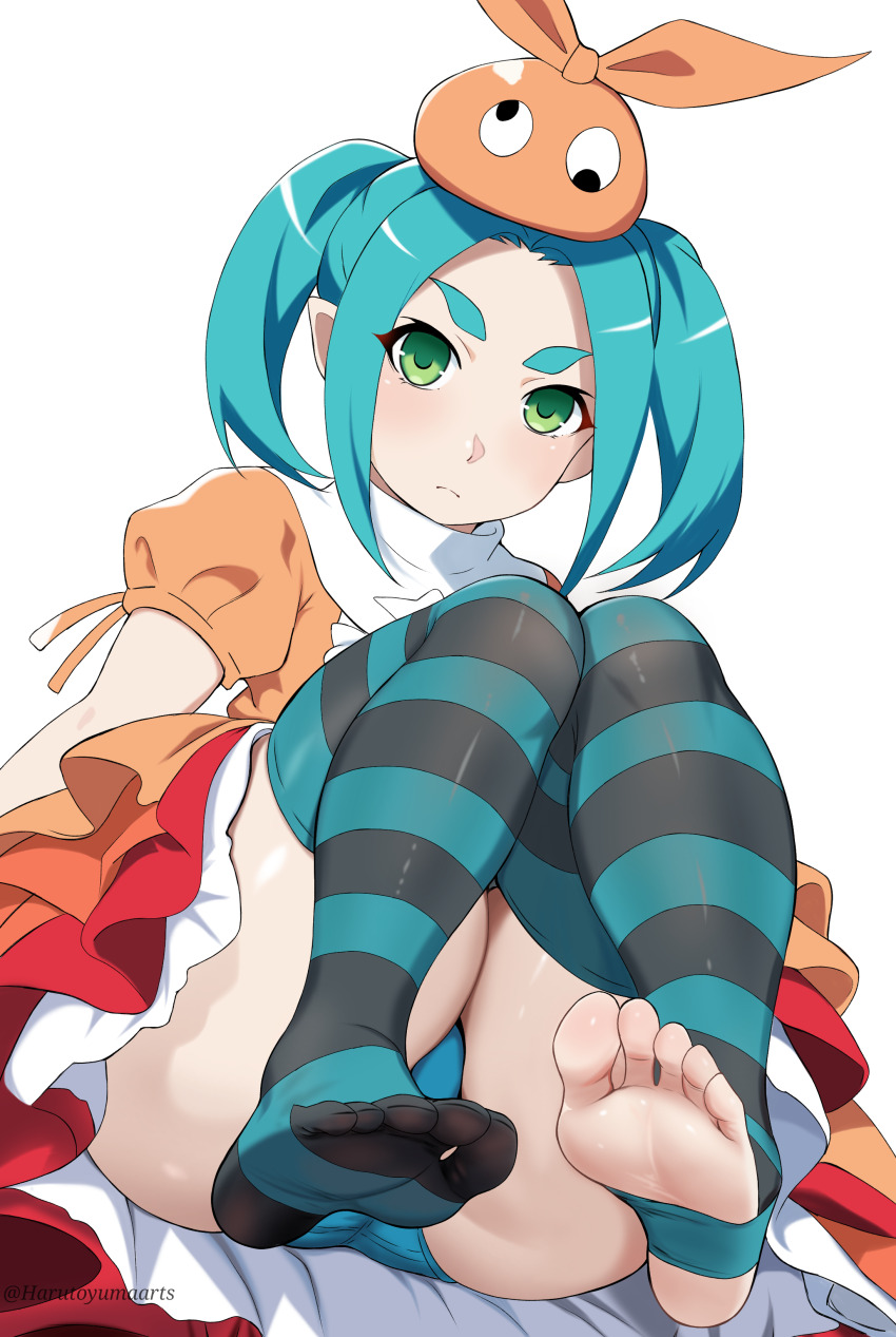 1girl absurdres aqua_hair aqua_thighhighs blue_panties closed_mouth dress feet_up googly_eyes green_eyes harutoyumaarts hat highres knees_up looking_at_viewer monogatari_(series) ononoki_yotsugi orange_dress orange_hat panties pointy_ears simple_background solo striped_clothes striped_thighhighs thick_eyebrows thighhighs twintails underwear white_background
