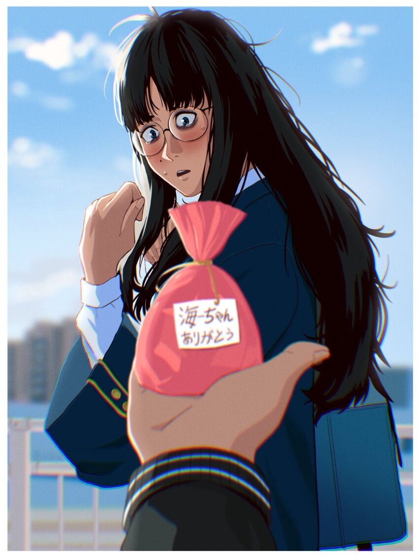 1boy 1girl bags_under_eyes black_hair blue_eyes blue_jacket francisco_mon glasses highres jacket jimiko long_hair long_sleeves messy_hair mole mole_under_eye open_mouth original outdoors pov round_eyewear teeth umi_(francisco_mon) upper_teeth_only white_day