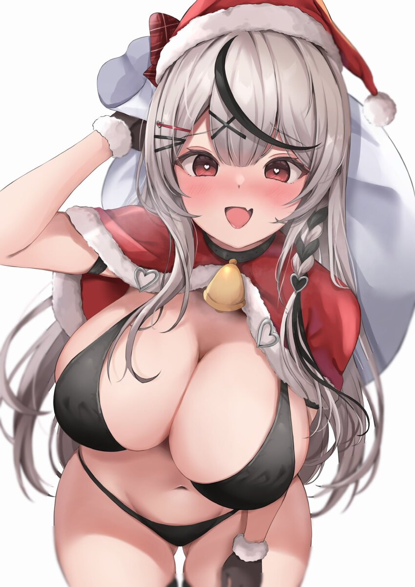 1girl arm_up armband bell bikini black_bikini black_gloves blush braid breasts capelet cleavage fang fur-trimmed_capelet fur-trimmed_gloves fur-trimmed_headwear fur_trim gloves gluteal_fold grey_hair groin hair_ornament hairclip hand_on_own_thigh hanging_breasts hat heart heart-shaped_pupils heart_hair_ornament highres holding holding_sack hololive large_breasts leaning_forward long_hair looking_at_viewer multicolored_hair neck_bell nose_blush open_mouth plaid raised_eyebrows red_capelet red_eyes red_hat sack sakamata_chloe santa_hat simple_background single_braid skin_fang skindentation smile solo streaked_hair swimsuit symbol-shaped_pupils takuty thighhighs thighs very_long_hair virtual_youtuber x_hair_ornament
