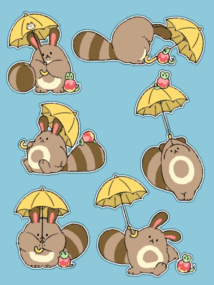 :&lt; animal_print applin blue_background cat_print commentary gen_2_pokemon gen_8_pokemon h1na3 highres holding holding_umbrella looking_at_another looking_at_viewer nintendo no_humans pokemon pokemon_(creature) pokemon_focus sentret sitting standing symbol-only_commentary umbrella yellow_umbrella