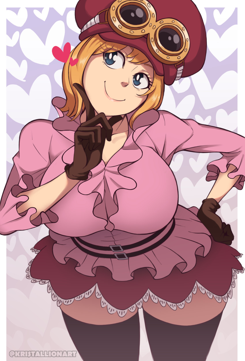 belt blouse blue_eyes breasts gloves goggles goggles_on_hat hand_on_own_face hand_on_own_hip hat heart koala_(one_piece) kristallion large_breasts large_hat looking_to_the_side one_piece orange_hair shirt short_hair simple_background skirt smile thighhighs zettai_ryouiki