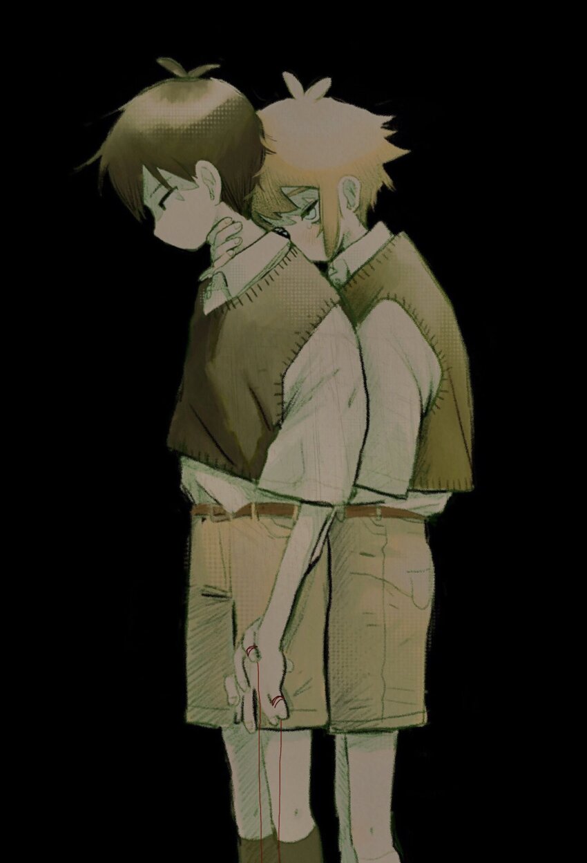 2boys antenna_hair basil_(faraway)_(omori) basil_(omori) belt black_background black_eyes black_hair black_socks black_sweater_vest brown_belt brown_shorts collared_shirt green_sweater_vest hand_on_another&#039;s_neck highres kneehighs male_focus multiple_boys omori shirt short_hair shorts simple_background socks sunny_(omori) sweater_vest tate_ware_anal white_shirt