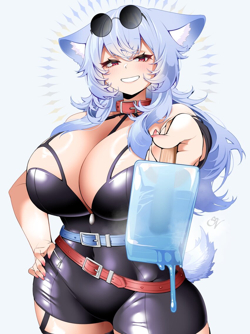 1girl absurdres animal_ear_fluff animal_ears bare_shoulders belt belt_buckle belt_collar black_dress blue_hair blush breasts buckle collar commentary commission cowboy_shot double-parted_bangs dress eyewear_on_head food grin hair_between_eyes hand_on_own_hip highres holding holding_food holding_popsicle huge_breasts incoming_gift long_hair looking_at_viewer melting_popsicle original popsicle red_belt red_collar red_eyes saltnvalk simple_background smile solo sunglasses symbol-only_commentary tail vgen_commission white_background