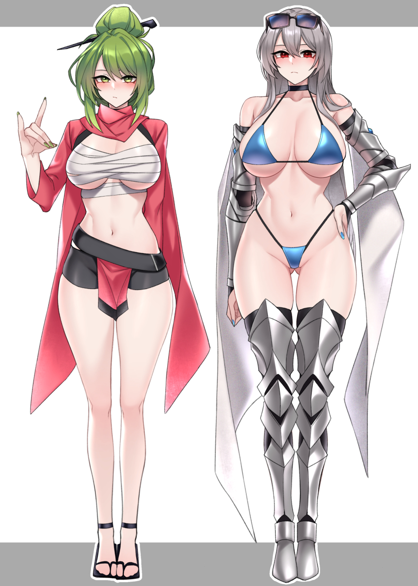 2girls absurdres armor bike_shorts bikini black_choker black_shorts blue_bikini blue_nails blush breasts chest_sarashi choker closed_mouth commentary_request commission cuisses dogs_(dlrkdejr26) double-parted_bangs expressionless fingernails fox_shadow_puppet full_body gluteal_fold green_eyes green_hair green_nails grey_hair hair_between_eyes hair_bun hair_ornament hair_stick halterneck hand_on_own_hip highleg highleg_bikini highres korean_commentary large_breasts large_variant_set letterboxed long_fingernails long_hair looking_at_viewer micro_shorts multiple_girls nail_polish navel original outside_border poleyn red_eyes sabaton sandals sarashi shorts single_hair_bun standing stomach string_bikini swimsuit underboob vambraces variant_set very_long_hair white_background zouri