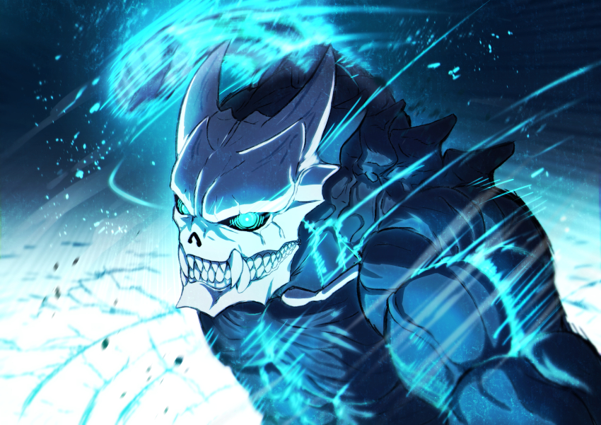 1boy absurdres attack black_skin blue_eyes clenched_hand clenched_teeth colored_skin commentary_request fangs floating_rock glowing glowing_eyes ground_shatter hibino_kafka hibino_kafka_(kaiju_form) highres horns imminent_punch kaiju kaijuu_no._8 male_focus monster_boy motion_blur muscular muscular_male nkeo sharp_teeth solo teeth veins veiny_arms