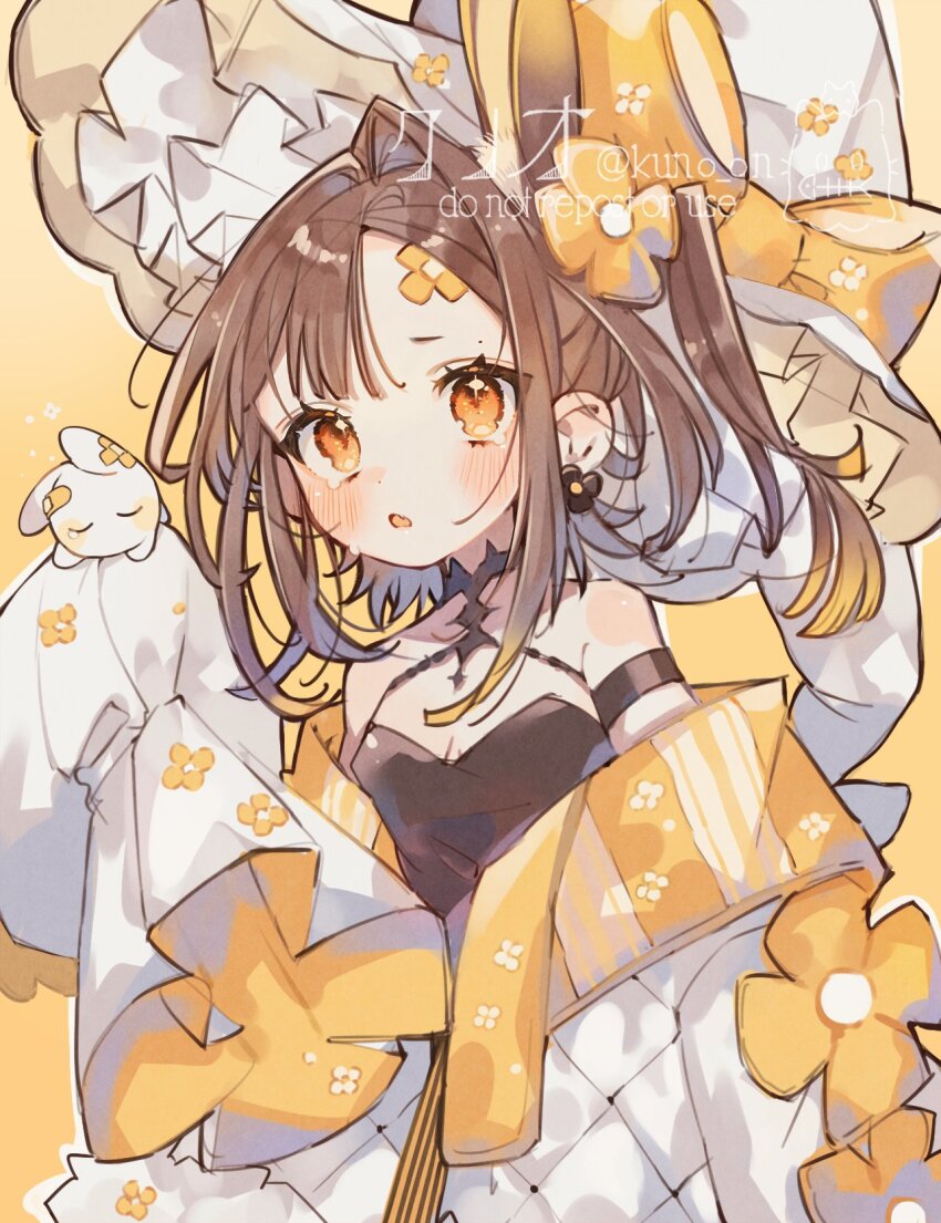 1girl :o argyle_clothes argyle_jacket bare_shoulders black_shirt blush bow breasts brown_hair cleavage hair_bow hair_intakes hand_up highres jacket jikuno long_sleeves looking_at_viewer medium_hair off_shoulder open_mouth orange_background orange_eyes original parted_bangs shirt sidelocks simple_background sleeves_past_fingers sleeves_past_wrists small_breasts solo twintails upper_body white_bow white_jacket