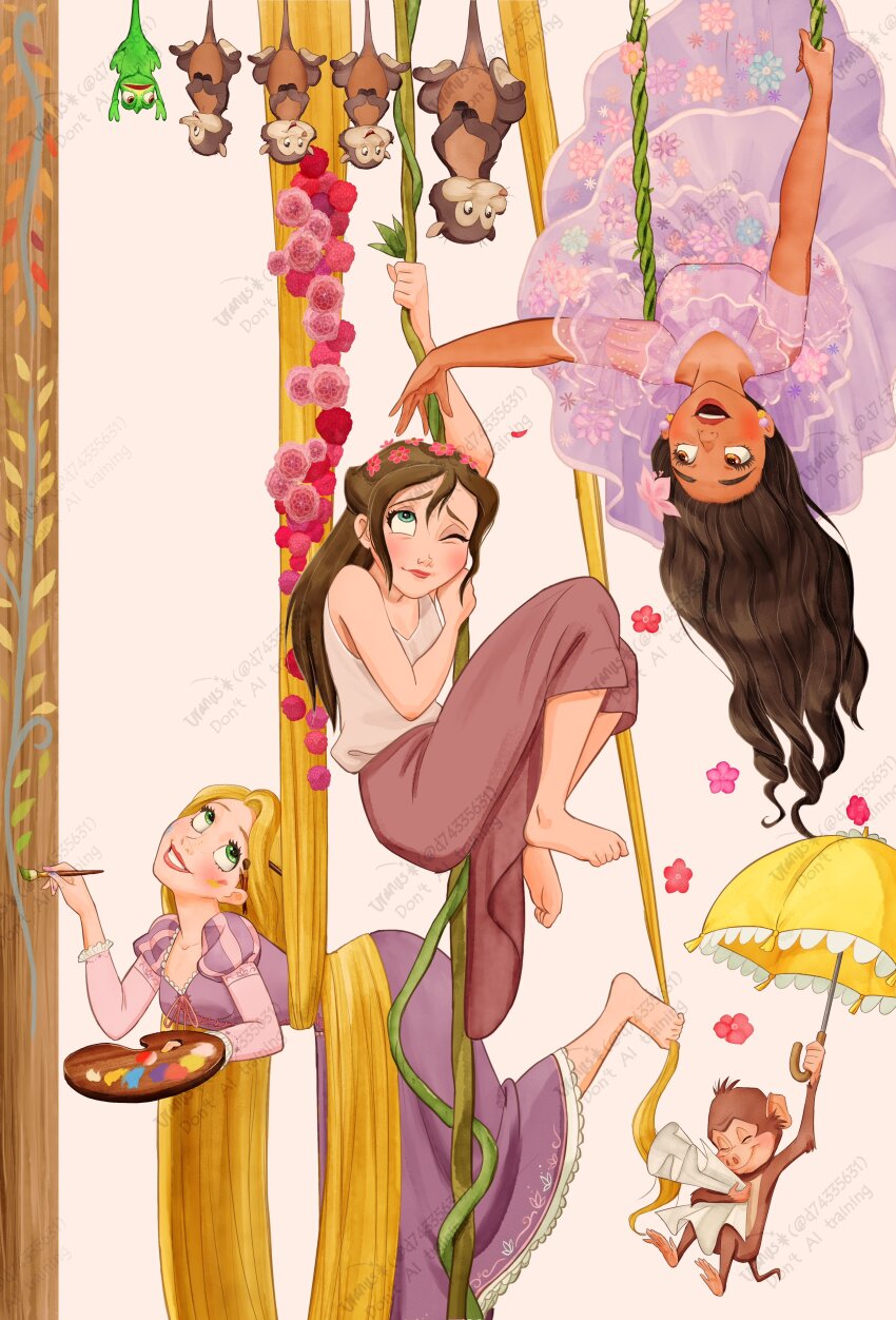 3girls absurdres barefoot black_hair blonde_hair brown_eyes brown_hair brown_skirt crossover d74335631 dress encanto green_eyes highres holding holding_paintbrush holding_umbrella isabela_madrigal jane_porter long_hair long_skirt monkey multiple_girls one_eye_closed paintbrush paint_palette pascal_(tangled) purple_dress rapunzel_(disney) skirt tangled tank_top tarzan umbrella upside-down very_long_hair white_tank_top yellow_umbrella