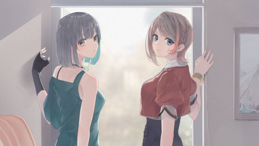 2girls atsushima black_corset black_gloves blue_eyes blue_hair blue_tank_top braid breasts colored_inner_hair commentary_request corset expressionless fingerless_gloves from_behind gloves grey_hair highres hiyoku_no_crosspiece indoors jacket kanade_kanon light_brown_hair looking_at_viewer looking_back medium_breasts multicolored_hair multiple_girls nanashi_inc. orange_hair orange_jacket parted_lips short_hair short_sleeves swept_bangs tank_top touri_sei touri_sei_(1st_costume) two-tone_hair upper_body v_ap_art virtual_youtuber yellow_eyes