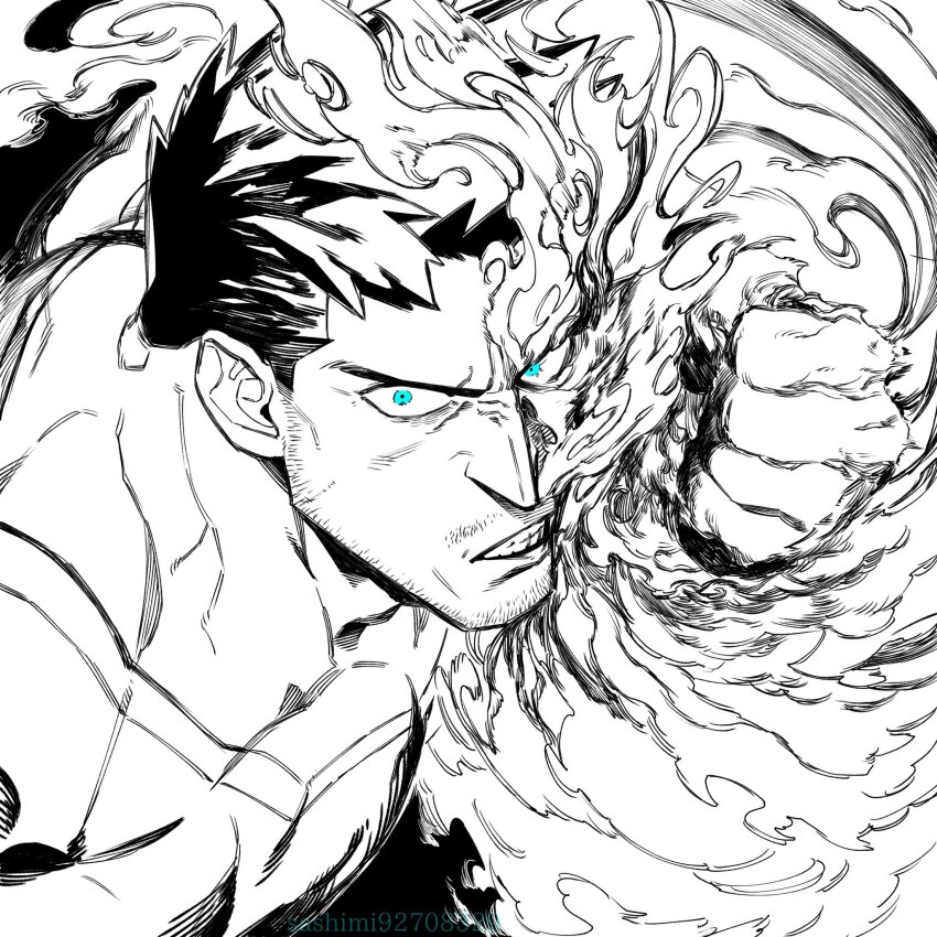 1boy beard_stubble blue_eyes boku_no_hero_academia clenched_teeth endeavor_(boku_no_hero_academia) facial_hair fire greyscale highres incoming_attack incoming_punch male_focus mature_male monochrome mustache_stubble punching pyrokinesis sanpaku sashimi_oran serious short_hair sideburns sideburns_stubble solo spiked_hair spot_color stubble teeth tsurime upper_body