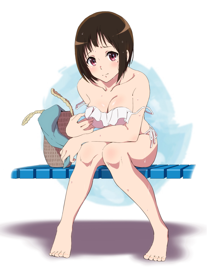 1girl absurdres bare_shoulders bent_over bikini blush breasts brown_eyes brown_hair cleavage frilled_bikini frills full_body hibike!_euphonium highres hugimosi large_breasts looking_at_viewer medium_hair mole mole_under_eye nakaseko_kaori side-tie_bikini_bottom sitting solo swimsuit white_bikini