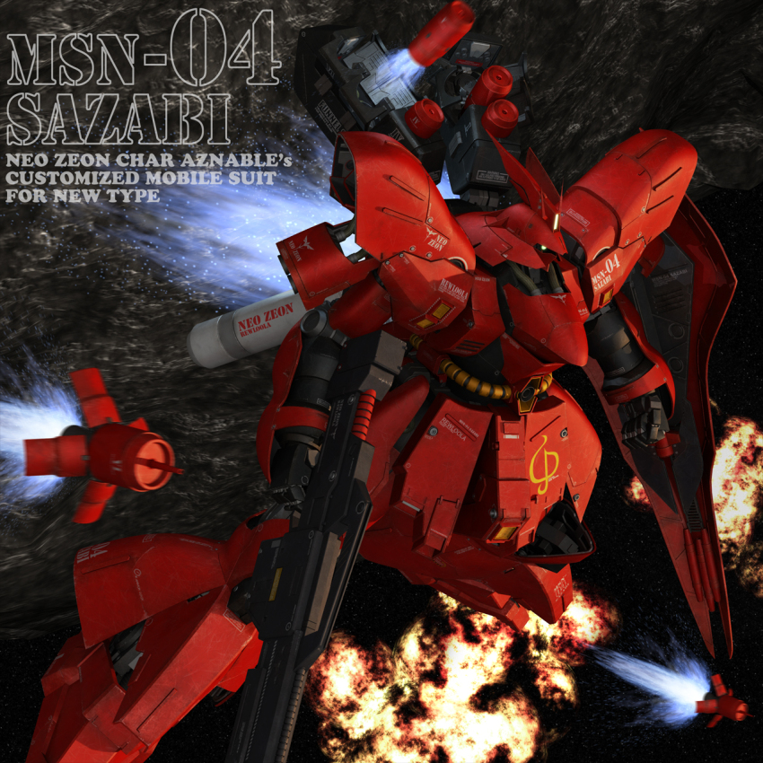 3d battle beam_cannon beam_rifle cable char&#039;s_counterattack character_name commentary_request energy_gun english_text explosion funnels_(gundam) gundam highres machinery mecha mecha_focus mobile_suit motion_lines neo_zeon no_humans realistic robot roundel sazabi science_fiction shield space thrusters tomholy weapon zero_gravity