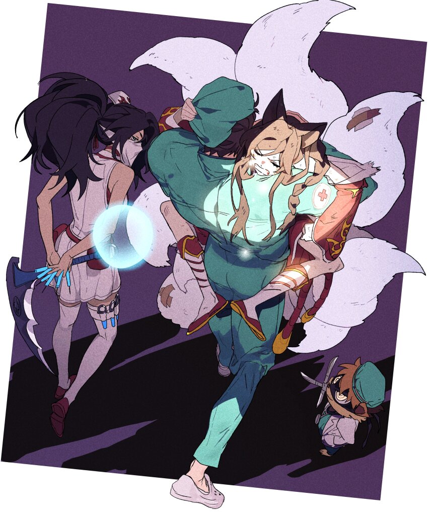 2boys 2girls absurdres ahri_(league_of_legends) akali animal_ears asymmetrical_bangs black_hair border brown_hair carrying carrying_person closed_eyes fox_ears fox_girl green_eyes green_headwear green_pants green_shirt hand_on_another&#039;s_head hat high_ponytail highres holding holding_needle holding_weapon kama_(weapon) kennen kennen_m.d. league_of_legends long_hair long_sleeves mask mouth_mask multiple_boys multiple_girls multiple_tails needle nurse nurse_akali nurse_cap official_alternate_costume pants ponytail shadow shen_(league_of_legends) shirt short_hair sickle simple_background skirt sleeveless surgeon surgeon_shen tail thighhighs v-shaped_eyebrows v-shaped_eyes walking weapon whiskers white_border white_skirt white_thighhighs yellow_eyes zaket07