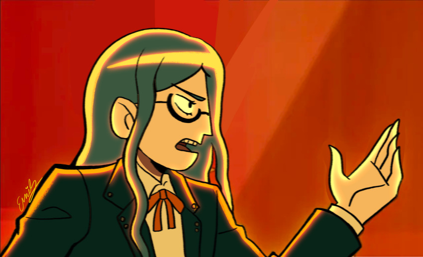1girl blue_hair bryan_lee_o&#039;malley_(style) collared_jacket collared_shirt commentary danganronpa_(series) danganronpa_v3:_killing_harmony english_commentary eyelashes from_side gideon_graves glasses hand_up highres jacket long_hair long_sleeves neck_ribbon open_clothes open_jacket open_mouth orange_ribbon parody ribbon scene_reference scott_pilgrim_(series) scott_pilgrim_takes_off shirogane_tsumugi shirt signature solo spittyfishy style_parody teeth upper_teeth_only white_shirt