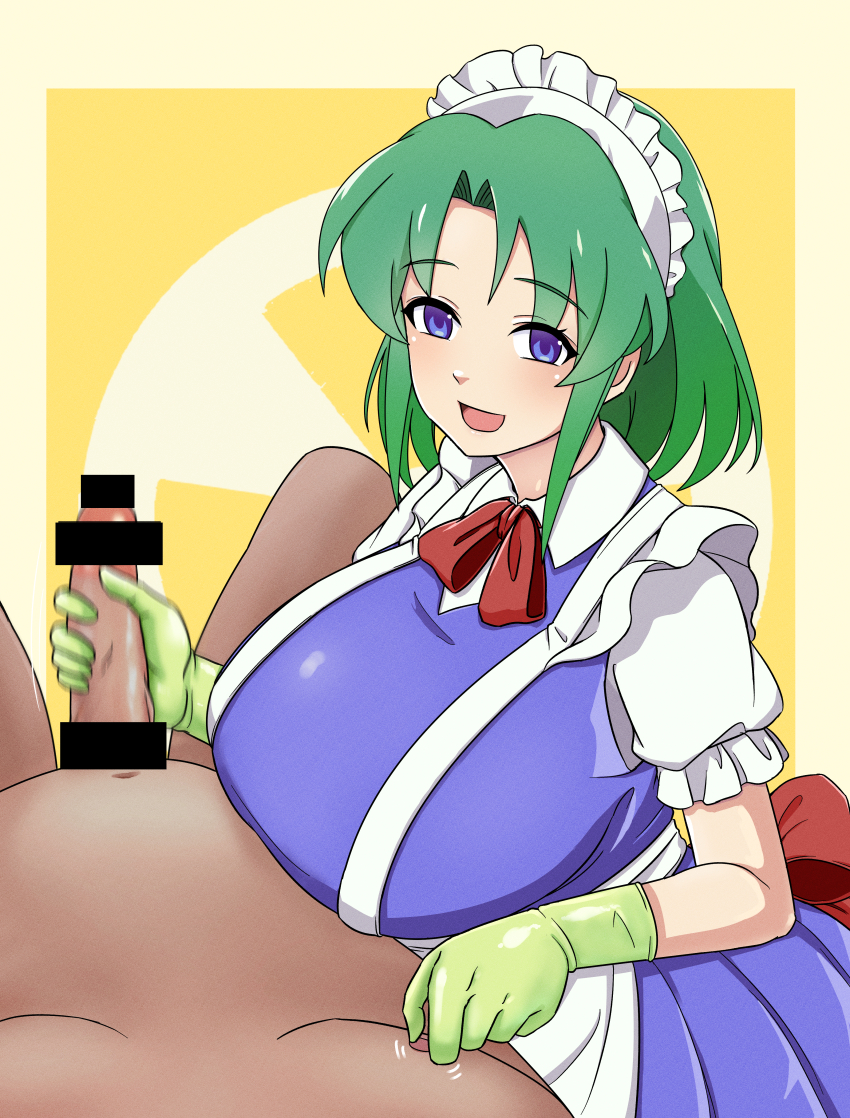 1boy 1girl :d absurdres apron bar_censor big_mouse blue_eyes border breasts censored clothed_female_nude_male gloved_handjob gloves green_gloves green_hair handjob hetero highres huge_breasts looking_at_viewer maid maid_headdress nipple_stimulation nipple_tweak nude open_mouth penis pov rubber_gloves ruukoto short_hair short_sleeves smile touhou touhou_(pc-98) waist_apron white_border yellow_background