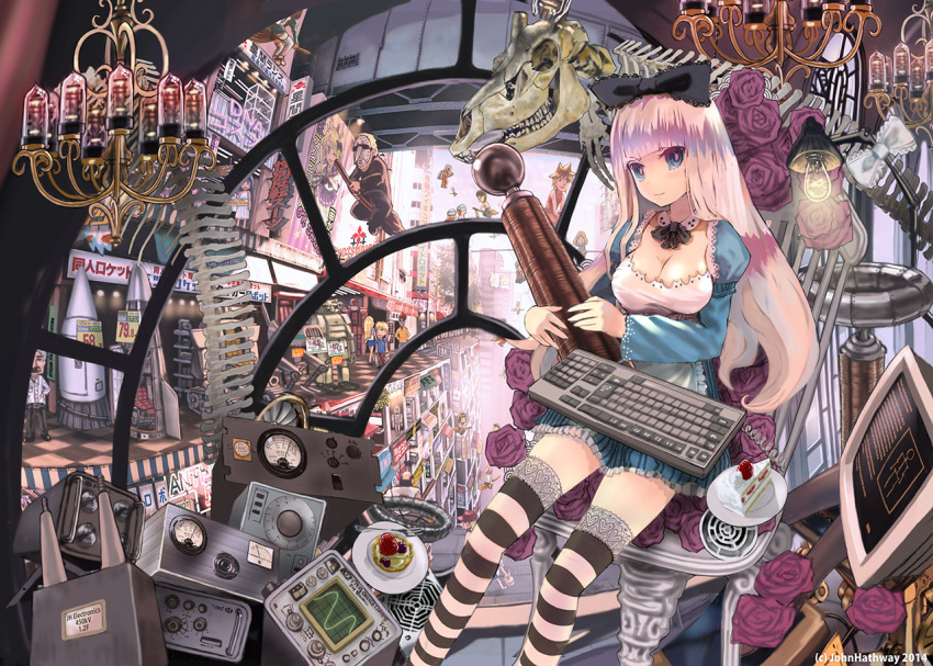 1girl artist_name blue_eyes bone bow breasts cake cleavage dress female_focus flying food hair_bow hair_ribbon hand_fan john_hathway keyboard computer_keyboard long_hair looking_at_viewer monitor original oscilloscope ribbon silver_hair sitting smile solo solo_focus striped_clothes striped_thighhighs tesla_coil thighhighs vacuum_tube watermark zettai_ryouiki