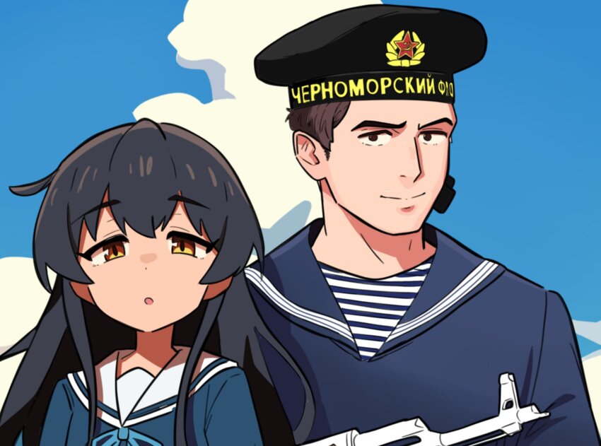 1boy 1girl akm assault_rifle black_hair black_hat blue_sailor_collar brown_eyes brown_hair closed_mouth clothes_writing cloud day gun hammer_and_sickle hat highres kalashnikov_rifle long_hair looking_at_viewer military_uniform naval_uniform naval_working_uniform original osa_(osavocaloid) outdoors parted_lips rifle sailor sailor_collar sky upper_body weapon white_sailor_collar