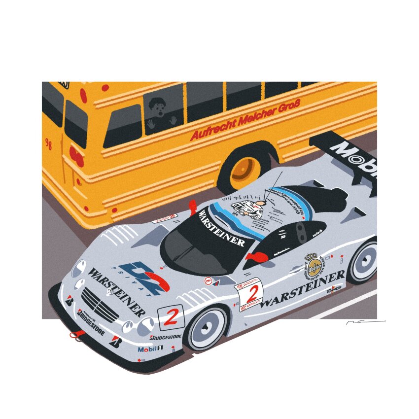 1other :o bridgestone bus car driving from_above grey_car highres mercedes-benz mercedes-benz_clk mobil1 motor_vehicle open_mouth original race_vehicle racecar road school_bus shadow short_hair spoiler_(automobile) sponsor street surprised vehicle_focus wang-tang_(_lose_control) warsteiner