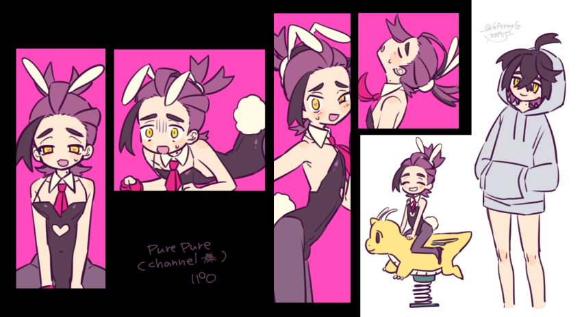 1boy animal_ears black_hair blush closed_eyes commentary_request crossed_bangs detached_collar dragonite gen_1_pokemon grin hair_between_eyes hands_in_pockets heart heart-shaped_pupils high_heels highres hood hood_up hoodie kieran_(pokemon) knees leftporygon leotard male_focus male_playboy_bunny multicolored_hair multiple_views necktie nintendo pantyhose pokemon pokemon_sv purple_hair rabbit_ears rabbit_hole_(vocaloid) rabbit_tail sitting smile spring_rider sweatdrop symbol-shaped_pupils tail teeth themed_object two-tone_hair yellow_eyes