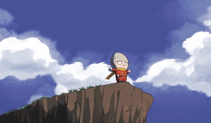 albert_heinrich belt black_belt black_boots blue_sky boots character_doll cliff coat cyborg cyborg_009 doll full_body grey_hair gun half-closed_eyes handgun mechanical_hands pants r_hy00 red_coat red_pants scarf sky soldier standing t-pose weapon yellow_scarf