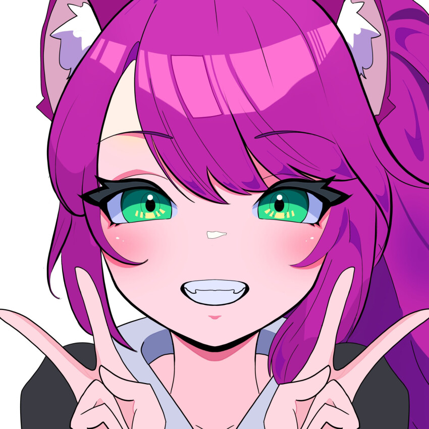 1girl :d animal_ear_fluff animal_ears cat_ears cat_girl commentary double_v english_commentary fi_atsuki green_eyes grin hands_up highres indie_virtual_youtuber looking_at_viewer open_mouth purple_hair second-party_source simple_background smile solo swept_bangs teeth thedivis thedivis_(old_design) v virtual_youtuber white_background
