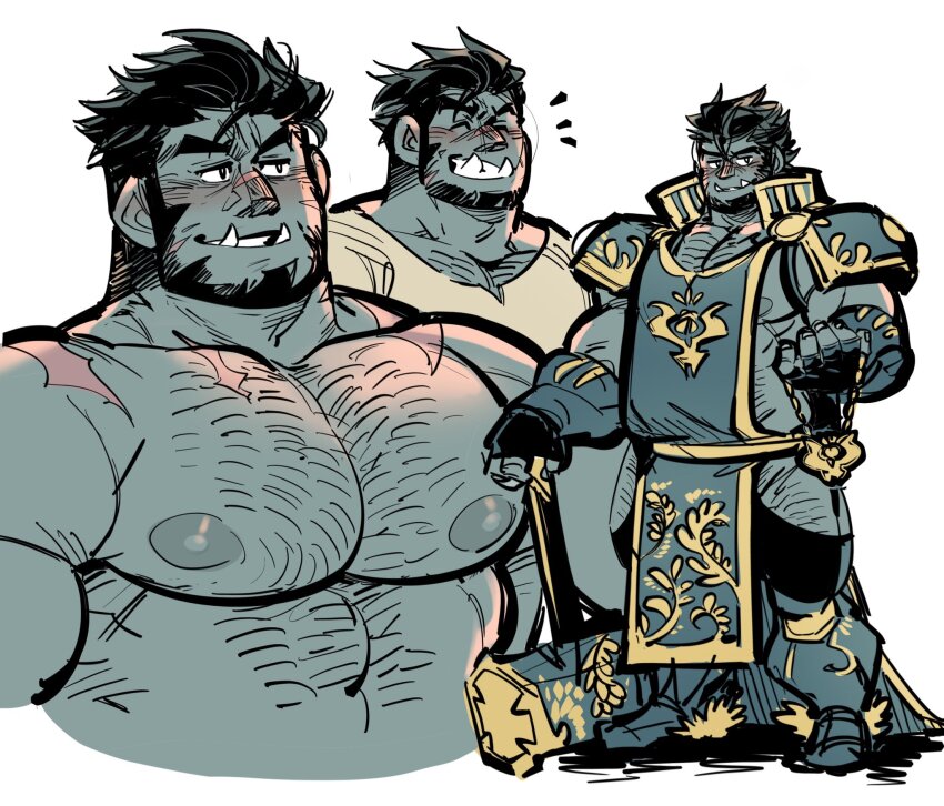 1boy abs armor bara beard blush chest_hair cleric colored_skin cropped_torso dungeons_&amp;_dragons facial_hair full_body garza_(kokukokuboo) green_skin grin hammer happy_aura highres hip_vent kokukokuboo large_areolae large_pectorals looking_ahead male_focus mature_male monster_boy multiple_views muscular muscular_male navel_hair nipples nude orc original pauldrons pectoral_cleavage pectorals pelvic_curtain planted pointy_ears short_hair shoulder_armor sidepec smile strongman_waist thick_eyebrows thick_thighs thighs tusks