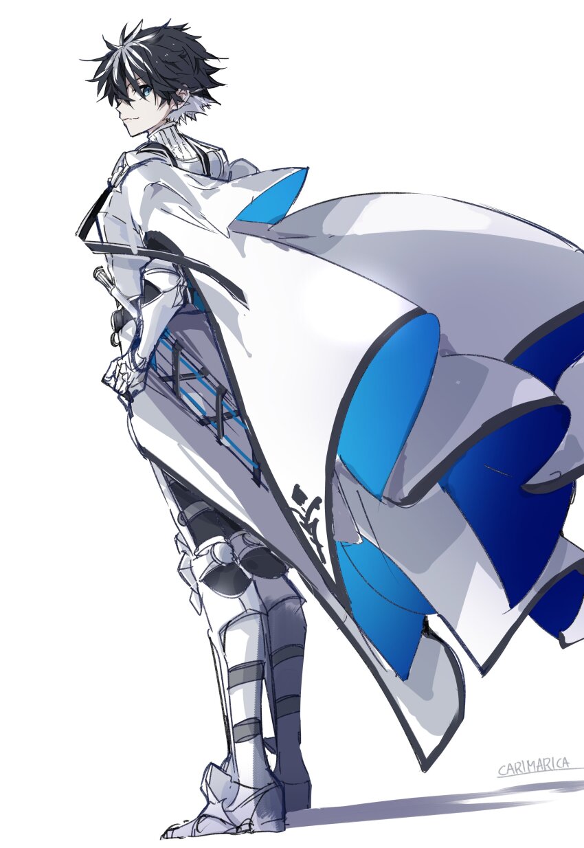 1boy absurdres armor black_hair blue_eyes breastplate cape carimarica charlemagne_(fate) charlemagne_(second_ascension)_(fate) closed_mouth fate/grand_order fate_(series) from_behind full_body greaves highres knight looking_at_viewer male_focus rerebrace sabaton scabbard sheath short_hair simple_background smile solo two-sided_cape two-sided_fabric white_background white_cape white_hair wind