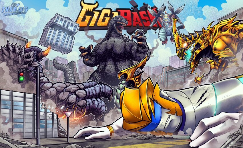 alien blue_fire blue_sky body_markings breath_weapon breathing_fire building camouflage city claw_mark claws cloud cloudy_sky crossover cyborg day destruction dinosaur dragon dust energy english_text fire flying giant giant_monster gigabash gigaman glowing glowing_eyes glowing_horns glowing_markings glowing_mouth glowing_veins godzilla godzilla_(series) godzilla_vs._spacegodzilla gorogong green_fire bad_tag bad_tag highres horns injury jumping kaiju kongkrete lava living_building monster neon_trim no_humans open_mouth passion_republic_games pipijuras plump rawa red_eyes sea_monster seijin sharp_teeth sky space_monster spikes stinger superhero_costume supervillain tail teeth thomdotartz toho veins veiny_arms yellow_teeth