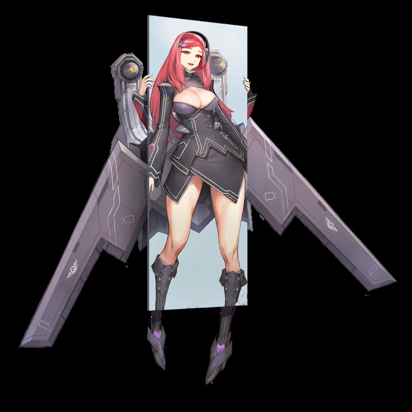 1girl airplane_hair_ornament black_dress boots breast_envy breasts cleavage cleavage_cutout clothing_cutout dress face_cutout female_focus full_body game_cg hair_ornament hairclip highres kakiman last_origin looking_at_viewer medium_breasts night_angel_(last_origin) official_art red_eyes red_hair smile solo tachi-e transparent_background wings
