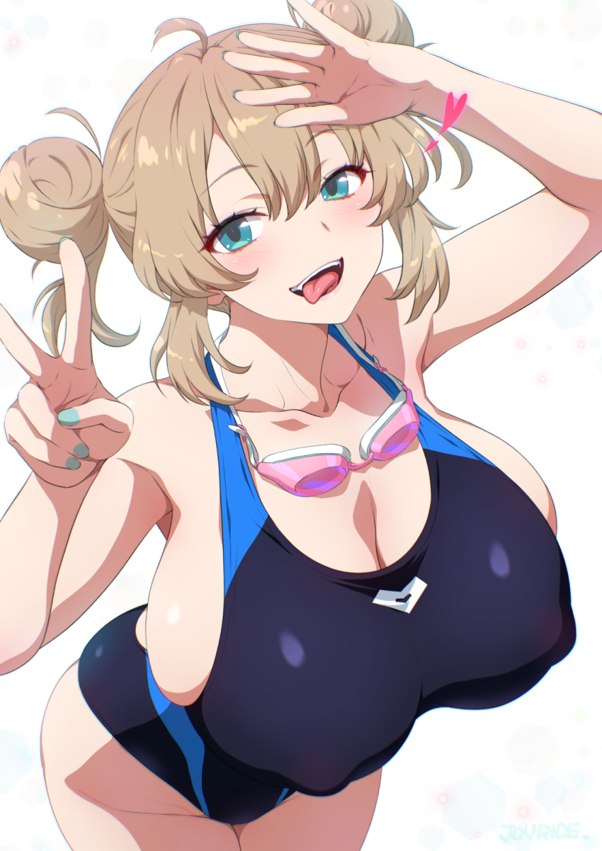 1girl aqua_eyes aqua_nails black_one-piece_swimsuit breasts brown_hair commentary_request competition_swimsuit covered_erect_nipples double_bun fingernails gyaru hair_bun highres huge_breasts joy_ride looking_at_viewer nail_polish naughty_face one-piece_swimsuit open_mouth original short_hair solo swimsuit tongue tongue_out v