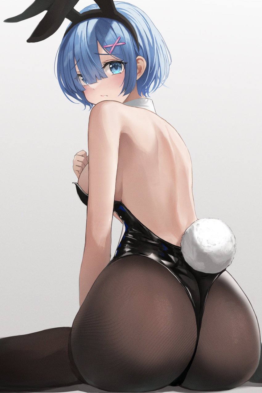 1girl absurdres animal_ears ass backless_leotard bare_back bare_shoulders black_leotard breasts closed_mouth collar detached_collar fake_animal_ears fake_tail female_focus grey_background hair_ornament hairband highleg highleg_leotard highres leotard looking_at_viewer looking_back matching_hair/eyes medium_breasts pantyhose playboy_bunny rabbit_ears re:zero_kara_hajimeru_isekai_seikatsu rem_(re:zero) sideboob simple_background sitting solo strapless strapless_leotard tail thong thong_leotard ttusee5 white_collar wide_hips x_hair_ornament