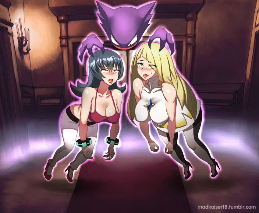 2girls ahegao bad_id bad_pixiv_id black_hair blush breasts claws cleavage collarbone dress floating gen_1_pokemon green_eyes hand_on_another&#039;s_head haunter high_heels hypnosis indoors long_hair lusamine_(pokemon) madkaiser mind_control mole mole_under_eye multiple_girls nintendo pants pokemon pokemon_(creature) pokemon_hgss pokemon_sm red_eyes red_shoes red_vest sabrina_(pokemon) shoes swept_bangs tongue tongue_out vest white_dress white_pants