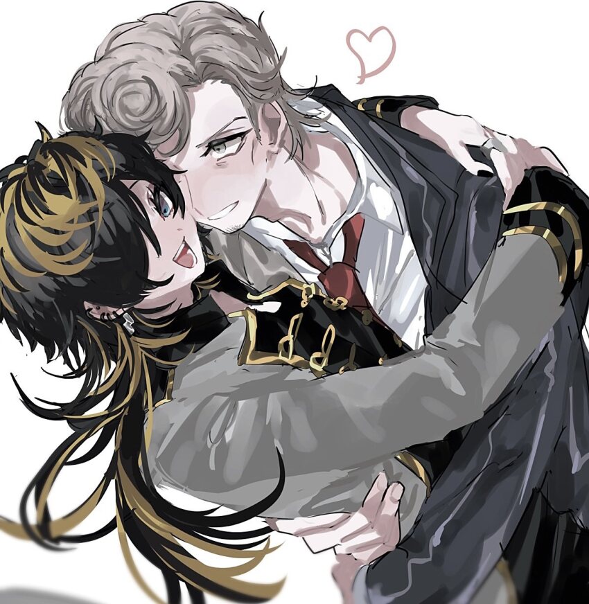 2boys :d adam&#039;s_apple age_difference aimono_jyushi amaguni_hitoya black_hair black_jacket blonde_streaks blue_eyes ear_piercing earrings facial_hair gold_trim grey_eyes grey_hair grey_jacket grin hair_over_one_eye hands_on_another&#039;s_back heart highres hug hypnosis_mic jacket jewelry kiiro_0517 long_hair looking_at_another looking_at_viewer male_focus multicolored_hair multiple_boys necktie open_mouth piercing pompadour red_necktie shirt smile two-tone_hair white_shirt yaoi