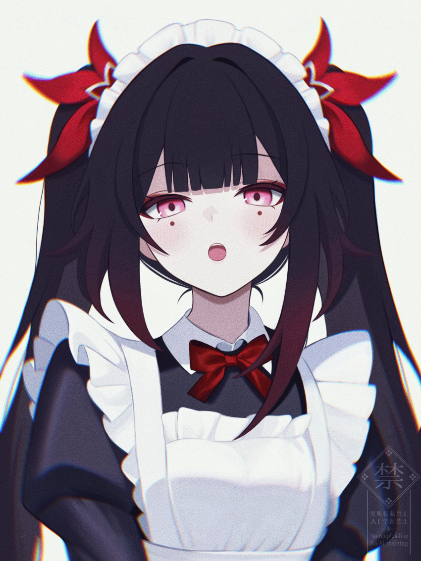 1girl :o absurdres alternate_costume apron black_hair blunt_bangs blush bow bowtie commentary_request enmaided facial_mark frilled_hairband frills fuminshou_(nekopan_art) hairband highres honkai:_star_rail honkai_(series) long_hair long_sleeves looking_at_viewer maid maid_headdress open_mouth puffy_long_sleeves puffy_sleeves red_bow red_bowtie red_eyes solo sparkle_(honkai:_star_rail) teeth textless_version twintails upper_teeth_only very_long_hair white_apron white_background white_hairband